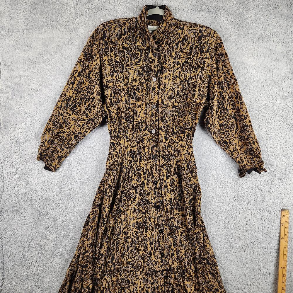 Vintage Ellen Tracy Dress Womens 6 Brown Floral Silk Long Sleeve Fit & Flare 90s